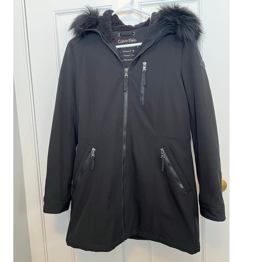 Calvin Klein Softshell Stretch Black Anorak Jacket Faux Fur Hood Women's S